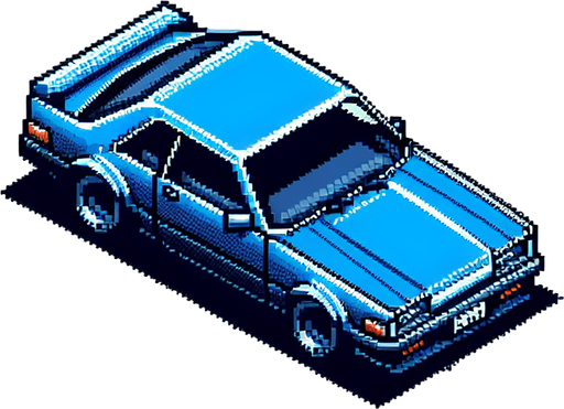 Top-down view of a simple blue car in pixel art style, 64x64 size, designed for an endless driving game, minimal detail, arcade style".
Single Game Texture.  In-Game asset.  2d.  Blank background.  High contrast.  No shadows
