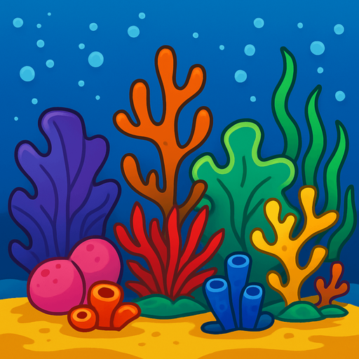 veryy quite coral reef under sea disney 2d image style.
In-Game asset.  2d.  High contrast.  No shadows