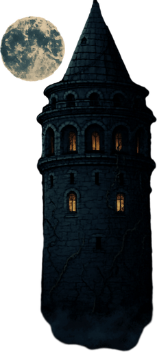 Create a pixel-art environment asset of the Galata Tower at night, in a dark and eerie style suitable for a 2D horror survival game. The tower should be tall and imposing with its recognizable cylindrical stone structure and conical roof. Add cracks, overgrown vines, and dim glowing windows to give it a haunted, ancient look. A full moon and cloudy night sky in the background. Mist or fog at the base. The overall atmosphere should feel ominous and mysterious. PNG format with transparent background..
In-Game asset.  2d.  High contrast.  No shadows