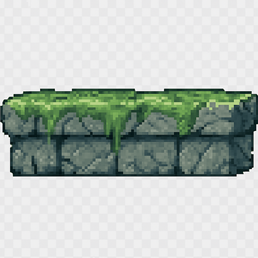 Stone platform sprite, solid gray granite texture with green moss covering, ancient ruins style, rectangular shape, weathered stone surface, small cracks and details, stable and heavy appearance, 2D pixel art, side view, transparent background.
In-Game asset.  2d.  High contrast.  No shadows
