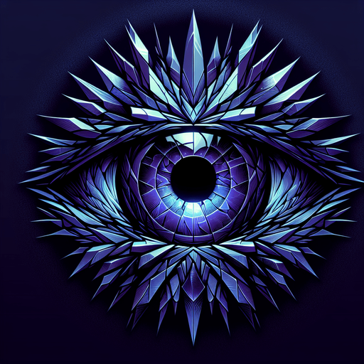 A sharply focused eye symbol in deep indigo color. Could also be a fractured mirror shard reflecting light, or an indigo crystal with internal sparks/light flashes..
Single Game Texture.  In-Game asset.  2d.  Blank background.  High contrast.  No shadows