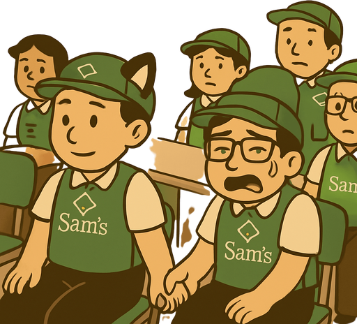 Haz que estos dos personajes esten en una junta con mas trabajadores con sus mismos uniformes, pero se vea que ellos estan tomados de las manos a escondidas, haz el pelo de lla mas corto
