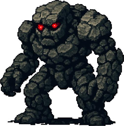 Kocaman kayadan oluşan golem kırmızı parıldayan gözlere sahip dark souls style 2d pixel art.
In-Game asset.  2d.  High contrast.  No shadows