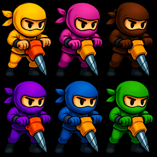 Same images of ninjas characters with digg machine but showing both legs. HD color