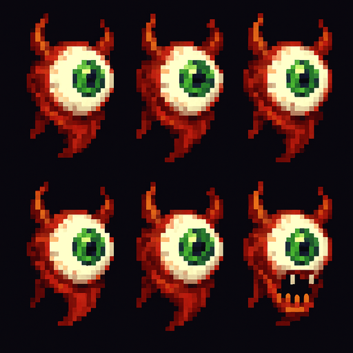 Generate a sprite sheet for a floating demon eye. Front side view. Include one attack sprite with mouth open. Retro pixel graphics..
In-Game asset.  2d.  High contrast.  No shadows