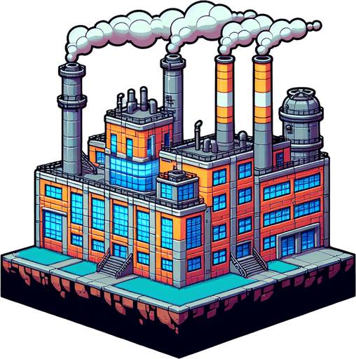 The outside of a factory in a cartoon style.
Single Game Texture.  In-Game asset.  2d.  Blank background.  High contrast.  No shadows
