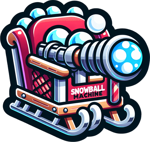 Icon for a Snowball machine on the back of santas sledge, cartoon, with the text „snowball machine“ on the top Single Game Texture. In-Game asset. 2d. Blank background. High contrast. No shadows.