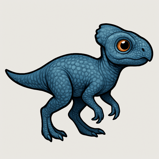 A small Microceratus dinosaur with smooth blue-gray scaly skin. It has a compact body, delicate limbs, and a short tail. The head has a small frill and bright curious eyes. The skin texture is detailed with fine scales, emphasizing its agility and small size..
In-Game asset.  2d.  High contrast.  No shadows