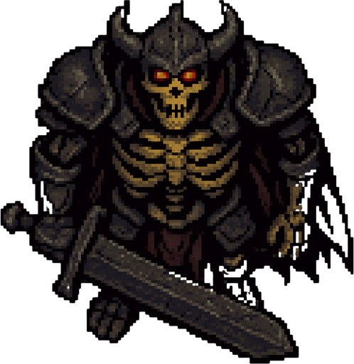 “Top-down 2D pixel art of a massive armored skeleton warrior with glowing red eyes. He holds an enormous two-handed sword, dragging or raising it. The armor is dark, cracked, and ancient, with heavy pauldrons, a horned helmet, and a tattered cape. The skeleton’s bones are thick and yellowed, giving a monstrous undead presence. Viewed directly from above, designed as a boss enemy sprite in a dark fantasy pixel art game.”.
In-Game asset.  2d.  High contrast.  No shadows