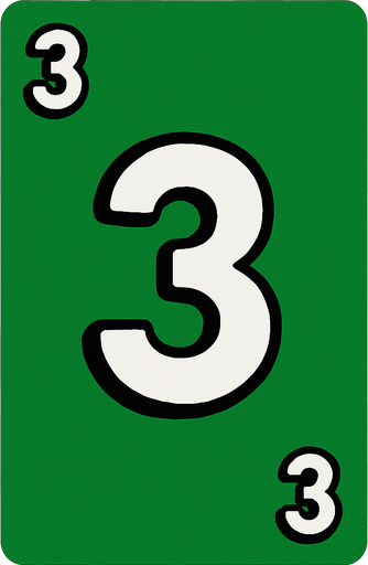 Rectangular card numbered 3, with a white border around it and a green background..
In-Game asset.  2d.  High contrast.  No shadows