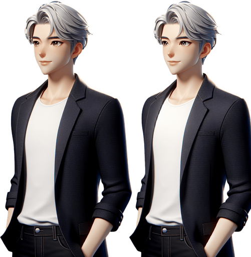 3d pixar/disney style. Design a friendly, confident, and approachable mentor character for a self-discovery game. The character has short, neatly styled silver-white hair, a warm smile, and kind, expressive eyes. They wear a sleek black blazer over a white T-shirt, symbolizing professionalism mixed with approachability. The character exudes wisdom, positivity, and calmness, acting as a guide for the player. Their presence is meant to inspire trust and provide encouragement, appearing as a glowing, slightly ethereal figure in the game world. They move gracefully and radiate an aura of gentle strength, guiding the hero on their journey of self-discovery and growth..
In-Game asset. 3d. Blank background. High contrast. No shadows.