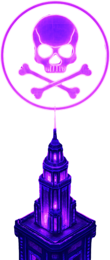 Top down isometric neon cyberpunk anime tower spire 3d hologram glowing purple hd large poison symbol projected overhead