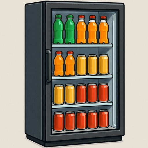 İçindeki içecekler görünen, meşrubat dolabı, gerçekçi - yazısız.
In-Game asset.  2d.  High contrast.  No shadows