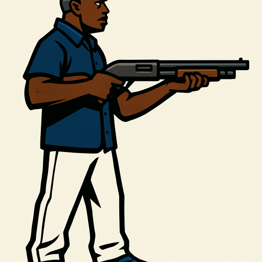 un pandillero negro con camisa azul oscuro y pantalon blanco usando una escopeta con la perspectiva lateral de cuerpo completo.
In-Game asset.  2d.  High contrast.  No shadows