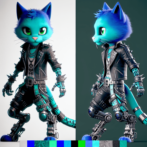 An anthropomorphic blue and green cat animatronic wearing rockstar attire.
Single Game Texture.  In-Game asset.  2d.  Blank background.  High contrast.  No shadows