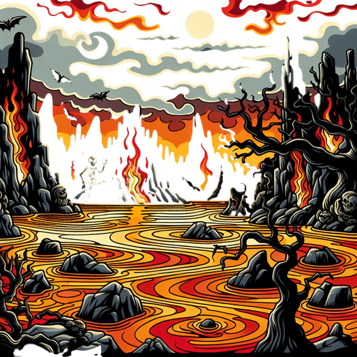 Generate a high quality cartoon background Halloween image on a black canvas similar to the format of where is waldo with a hellish lake environment.
Single Game Texture. In-Game asset. 2d. Blank background. High contrast. No shadows.