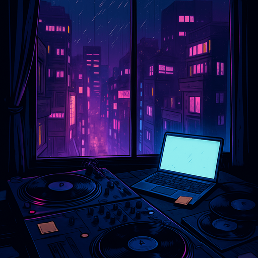 A 2048x2732 vertical background illustration in a semi-realistic comic book style. The scene depicts a moody DJ booth inside a small urban apartment at night, overlooking a vibrant neon-lit city through large glass windows. The DJ setup is stylish but lived-in — with vinyl records, scattered sticky notes, a glowing laptop screen, and faint light reflections on the desk. Outside, rain trickles down the window, and distant buildings flicker with purples, blues, and pinks. The entire environment feels reflective, lo-fi, and intimate — as if the city hums with a quiet rhythm. No characters, no text — just a story-rich, immersive menu backdrop..
In-Game asset.  2d.  High contrast.  No shadows