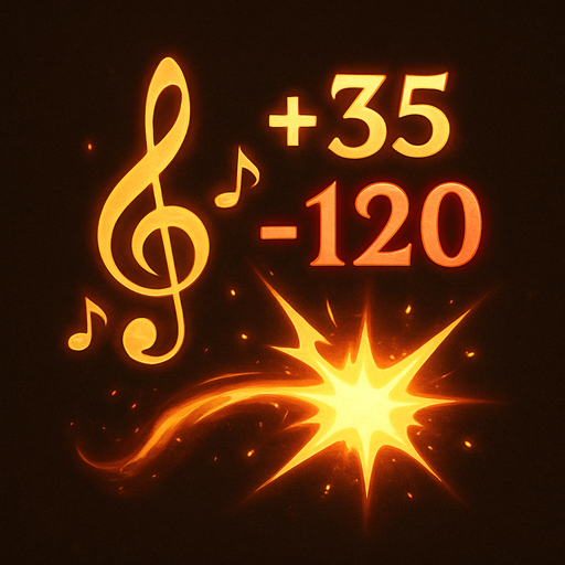Design an icon for a toggle button labeled "Show Damage Numbers" in a fantasy tower defense game set in a magical concert hall. The icon should represent visible damage output using a musical and magical theme.

Main elements: show floating numbers (like “+35”, “-120”) rising or popping out from stylized musical symbols—such as a treble clef or burst of notes.
Optionally, display a glowing impact spark or small explosion with numbers around it to represent hit feedback.

Use gold, red, or white tones for the numbers and magical trails for emphasis.
Background should be neutral or dark, subtly textured (like velvet or wood), to enhance readability.

The icon must be square (256×256 px), readable at small sizes, and include no text.
Provide two visual states:

Enabled: numbers glowing, slightly animated or rising.

Disabled: numbers greyed out or crossed subtly with a muted tone.

Style: fantasy UI, clean and elegant, consistent with the musical combat theme of the game..
In-Game asset.  2d.  High contrast.  No shadows