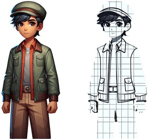 A boy with jacket hat and shirt pants.
Single Game Texture. In-Game asset. 2d. Blank background. High contrast. No shadows.