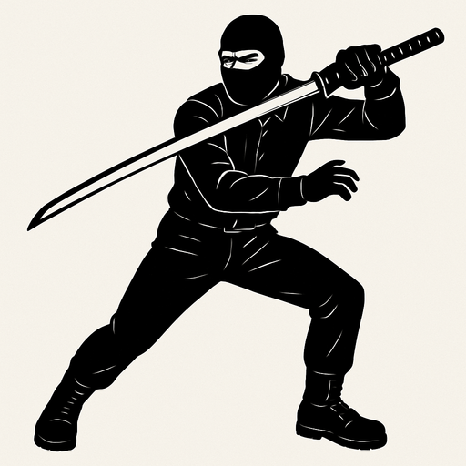 hombre con camisa negra de manga larga, pantalones negros, botas negras y guantes negros y un pasamontañas negro atacando con una katana con un mango negro.
In-Game asset.  2d.  High contrast.  No shadows