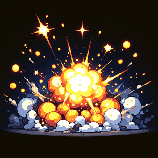 Initial Impact:

Start with a bright flash of light (yellow or white) at the point of collision to indicate the impact.
Explosion Burst:

Create a series of expanding fireballs with glowing orange, red, and yellow hues.
Add smoke trails or debris flying outward from the center of the explosion.
Animation Details:

Make the explosion dynamic, starting with a fast expansion and then slowly fading out.
Include flickering or sparking effects for added realism.
Duration:

The entire animation should last around 0.5–1 second to ensure it feels impactful but doesn't interrupt gameplay flow.
Style:

Match the art style of the game, whether it's realistic, cartoonish, or pixelated, to ensure consistency..
Single Game Texture. In-Game asset. 2d. Blank background. High contrast. No shadows.