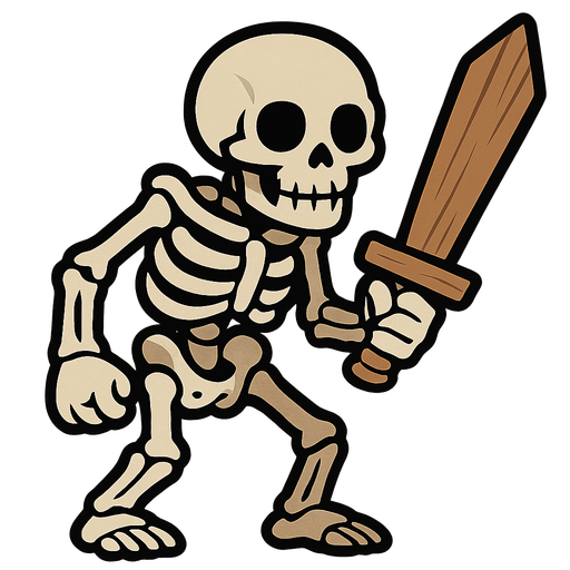 Skeleton with a wooden sword.
In-Game asset.  2d.  High contrast.  No shadows