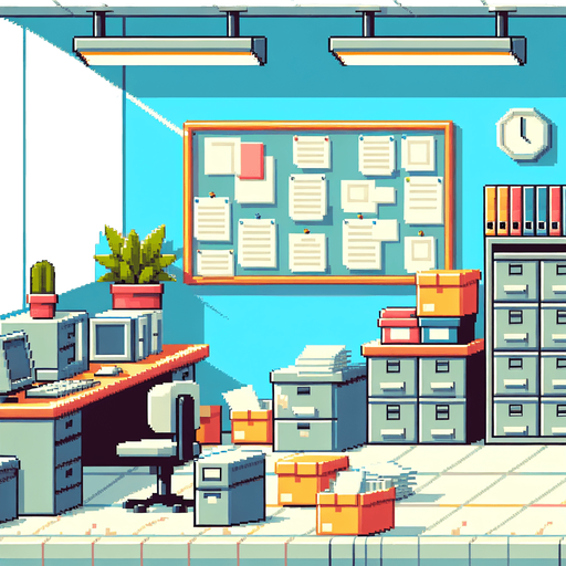 Single Game Texture. In-Game asset. 2D. Blank background. High contrast. No shadows. A pixel-art retro office background featuring cubicles, filing cabinets, and scattered papers. The design is simple but vibrant, with blocky shapes and bright colors suitable for a static 2D game environment..
Single Game Texture. In-Game asset. 2d. Blank background. High contrast. No shadows.