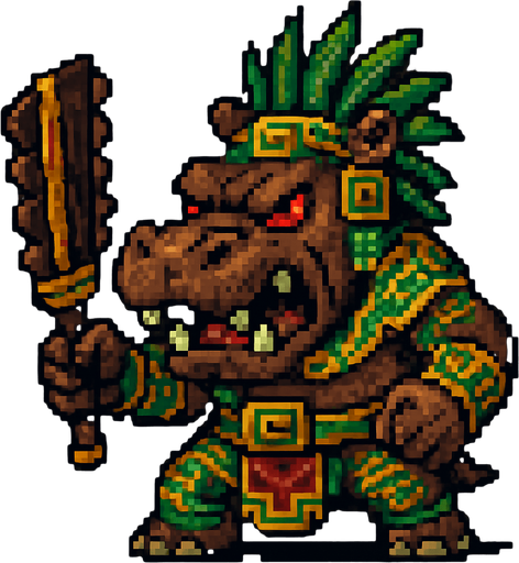 Genérame un hipopotamo guerrero azteca con eso patrones, estilo pixelar, con una apariencia maligna, ojos rojos, rabioso. Unidad cuerpo a cuerpo. Animal..
In-Game asset.  2d.  High contrast.  No shadows
