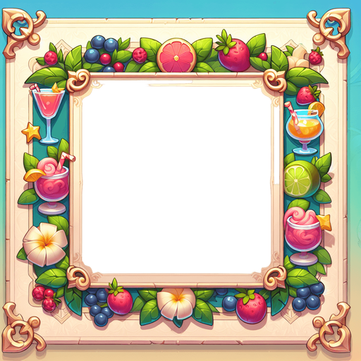 A fullscreen background gui element for an in-game shop. It should be mostly blanks space, but along the edges there could be some structure or decorative vines and items, mostly related to fruits, berries, cocktails in a summer theme..
Single Game Texture. In-Game asset. 2d. Blank background. High contrast. No shadows.