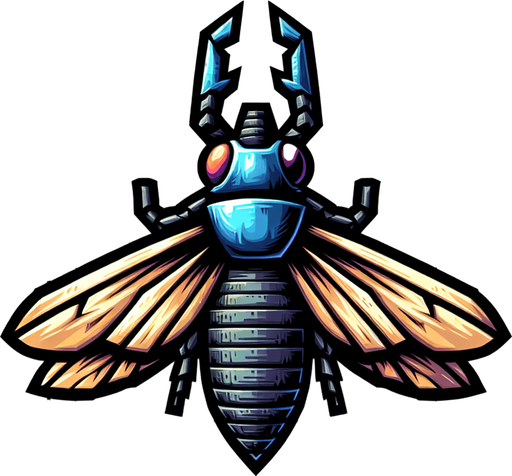 Giant insect, facing down, open wings, cartoony.
Single Game Texture. In-Game asset. 2d. Blank background. High contrast. No shadows.