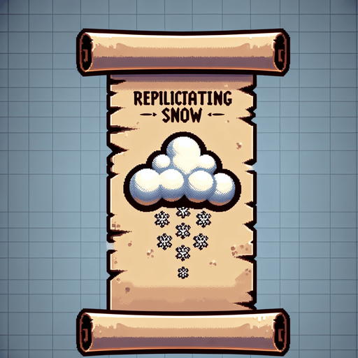 a pergament letter with the name "Replicating Snow". It has a cloud with replicating snowflakes on it. vertical. Single Game Texture. In-Game asset. 2d. Blank background. High contrast. No shadows.