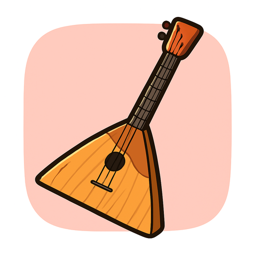 A detailed yet simple 2D illustration of a traditional Russian balalaika. The instrument should have a triangular wooden body, three strings, and a long, narrow neck. Style it in cartoon or flat vector format with soft shadows and bold outlines. Use warm wood tones (orange/brown), and make sure the shape is iconic and easily recognizable. Designed for mobile game use. Export as a transparent PNG, suitable for placing in quizzes or instrument selection scenes.. rounded background with pink
In-Game asset.  2d.  High contrast.  No shadows
