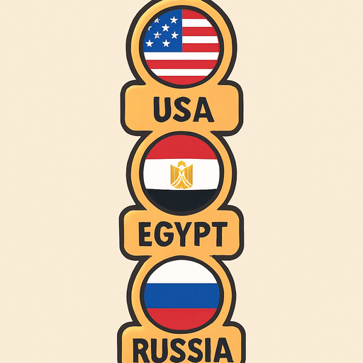 A flat, 2D game UI-style asset showing a vertical set of three country pins labeled: "USA", "Egypt", and "Russia". Each pin includes a circular flag icon above the text label. The layout is columnar, cartoonish, and visually clean. Each pin should be exportable or usable individually for a mobile game's level selection screen..
In-Game asset.  2d.  High contrast.  No shadows