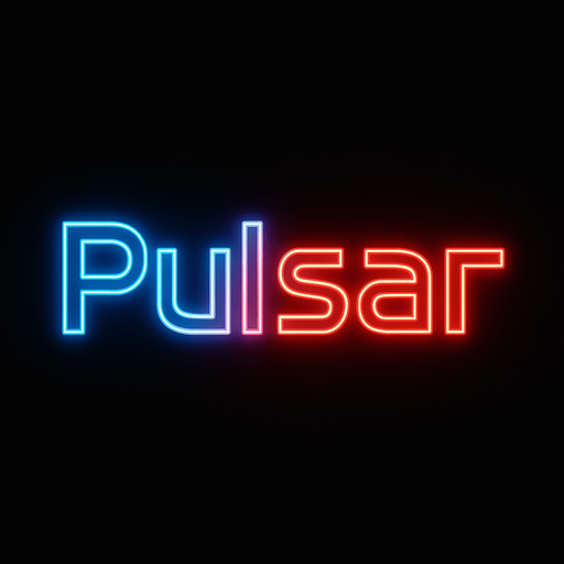 The word 'Pulsar' in a glowing neon SVG in futuristic font. The word is half blue on the left and half red on the right.

In-Game asset.  2d.  High contrast.  No shadows