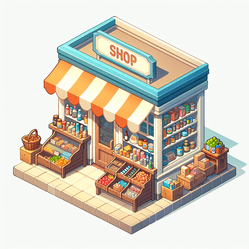 Make it look like a shop.
Single Game Texture.  In-Game asset.  2d.  Blank background.  High contrast.  No shadows