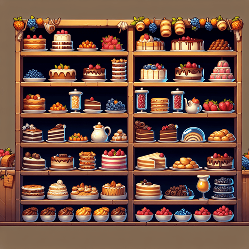 A bakery wall with shelves full of cakes, toppings, berries. Rich game illustration style..
Single Game Texture. In-Game asset. 2d. Blank background. High contrast. No shadows.