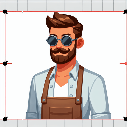 sakallı ve az bıyıklı  güneş gözlüklü 26 lı yaşlarda bir beyefendi ayak üstünde dursun üzerinde önlük olsun.
Single Game Texture.  In-Game asset.  2d.  Blank background.  High contrast.  No shadows