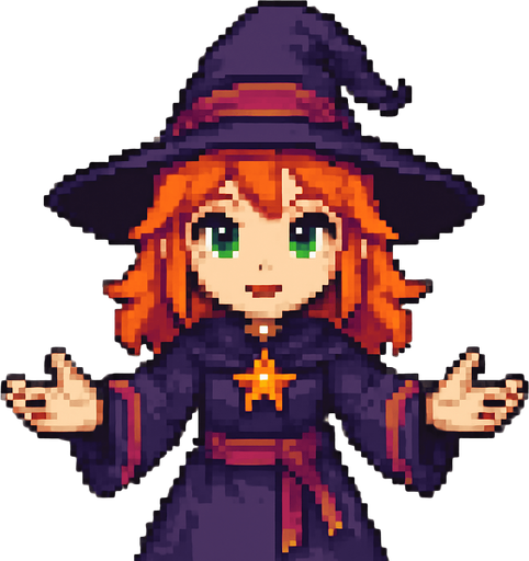 High-quality 2D pixel art of a young witch girl facing forward with her arms open, palms visible. She has vibrant orange hair, fair white skin, and bright green eyes. She is wearing a classic witch outfit: a wide-brimmed witch hat and a matching dress with magical details. The style is detailed 16-bit pixel art, with clean shading and strong contrast. The pose is welcoming or spellcasting, and she is directly facing the viewer. Transparent background..
In-Game asset.  2d.  High contrast.  No shadows