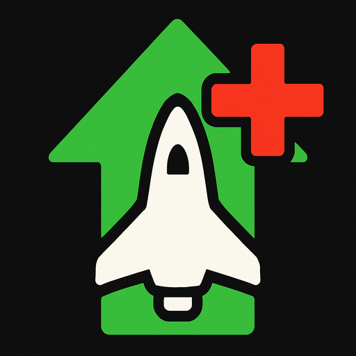 Symbol for spaceship health increase with green arrow pointing up and red plus.
In-Game asset.  2d.  High contrast.  No shadows