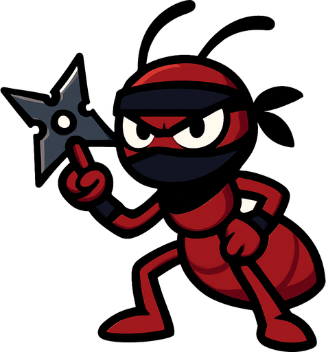 elinde shuriken olan ninja karınca.
In-Game asset.  2d.  High contrast.  No shadows