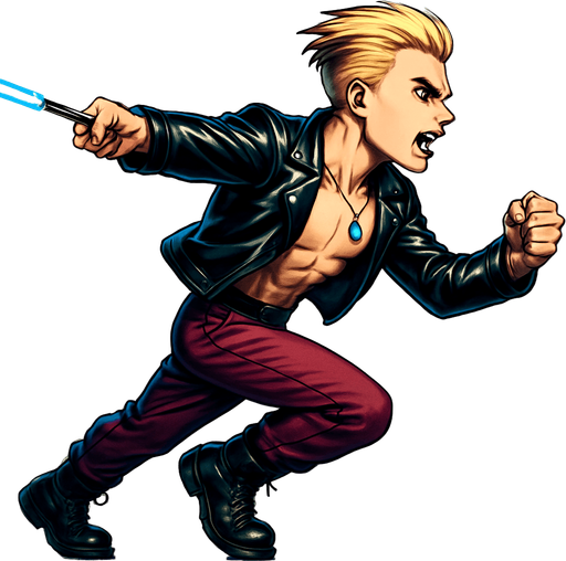 Camera-facing arm forward, camera facing leg back, reversed limbs position, Cyberpunk manga, side profile view running animation frames, shiny black leather biker jacket longsleeves shirtless thin abs pecs necklaces gemstone tipped wand, action shot wand pointed straight in front arm extended wand casting spell fierce fashion pose animation blonde undercut pompadour, vampire fangs, wine red joggers, combat boots, Background removed, "Full-body character, entirely in frame, no cropping of face, head, or feet" "Complete character visible, from head to toe, fully centered in the image" "Entire character, including face and boots, fully within the frame" Character fully contained within a square frame, no edges cut off,