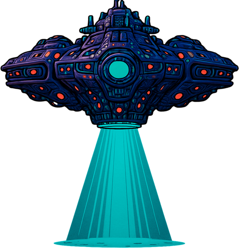 Big detailed alien star cruiser with lights and tractor beam beaming down.
In-Game asset.  2d.  High contrast.  No shadows