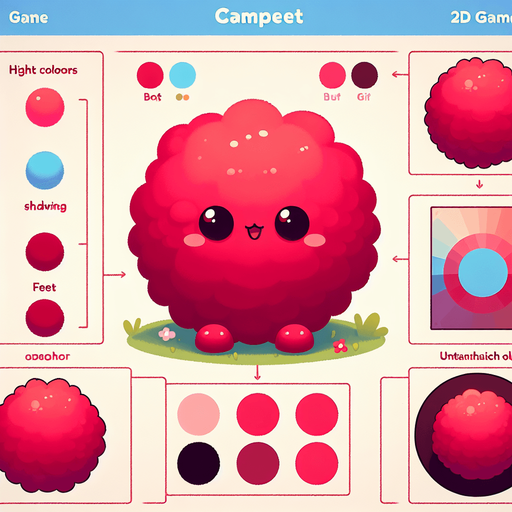 a red furry cuddly ball of fur. little feet. No ears. cute happy face. Cartoon style. Cute art style. Simple vector style. Pastel colors, flat shaded, vector art. Single Game Texture. In-Game asset. 2d. Blank background. High contrast. No shadows
