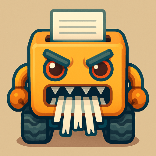 An aggressive mobile paper shredder robot. Viewed from a straight angle right in front. Cute soft graphics. soft ambient light. semi-matte to satin surfaces. naturalistic with slight saturation boost colors. 
In-Game asset.  2d.  High contrast.  No shadows. top down.