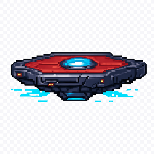 Mechanical floating platform, red metal surface with glowing energy core, sci-fi futuristic design, sleek metallic texture, blue energy particles or trails around edges, hovering effect, technological appearance with small lights or circuits, 2D pixel art style, side view, transparent background.
In-Game asset.  2d.  High contrast.  No shadows