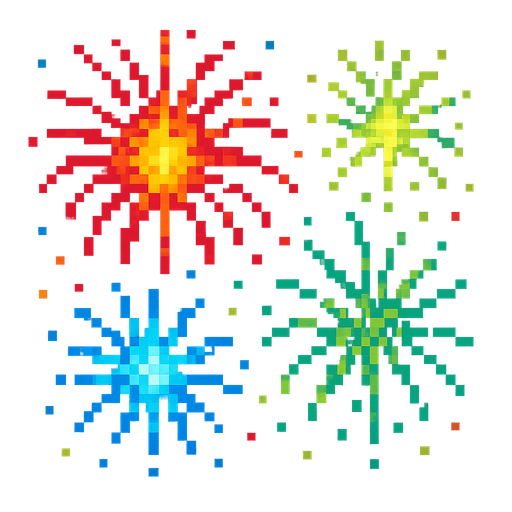 fireworks, retro pixel style, colorful.
In-Game asset.  2d.  High contrast.  No shadows
