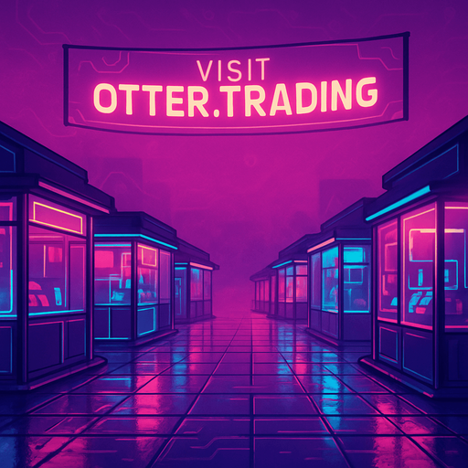 Produce a cyber-market plaza at dawn under diffuse magenta light. Glass kiosks line the area, each casting neon reflections on wet stone tiles. A floating banner above reads ‘Visit otter.trading’ in bold luminous text. Include subtle drifting circuit-patterned mist—coin- and character-free..
In-Game asset.  2d.  High contrast.  No shadows