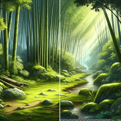 "A lush bamboo forest scene designed to be seamlessly tiled horizontally. On the left half of the image, focus on sunlight filtering through leaves, creating a dappled pattern on the ground. Add moss-covered rocks and a small stream starting from the left edge and flowing towards the center. Ensure that the elements near the center of the image are positioned in a way that they can be seamlessly mirrored to the right side, creating a continuous scene when two copies of the image are placed side-by-side."

Here are some additional tips to keep in mind:

Symmetrical Elements: Try to place some elements symmetrically around the center line (e.g., a large rock or a bend in the stream) to create a visually pleasing transition between the two halves.
Consistent Lighting: Ensure the lighting and shadows are consistent across the image so that the two halves blend together seamlessly.
Edge Blending: If possible, slightly blur or soften the edges of the image near the center line to help smooth out the transition when the images are tiled..
Single Game Texture. In-Game asset. 2d. Blank background. High contrast. No shadows.