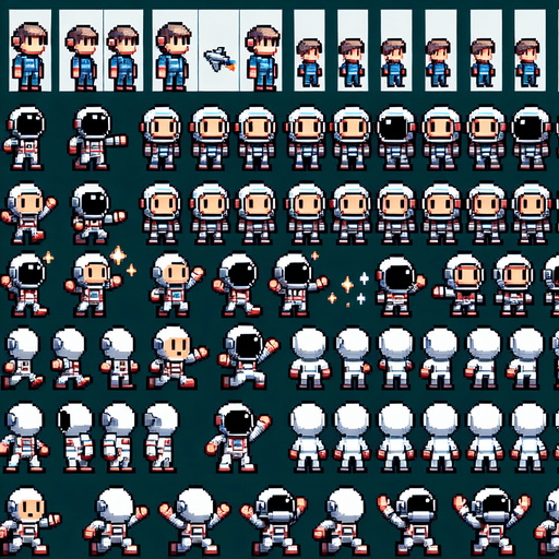 pixelart. A spritesheet containing a number of different views of tiny astronauts in various poses and views, some facing to the sie, some to the front, some with one arme raised, some in midjump, some waving. All with heltmets on. Sprites should be laid out in a rectangular grid with empty space betweem them..
Single Game Texture. In-Game asset. 2d. Blank background. High contrast. No shadows.