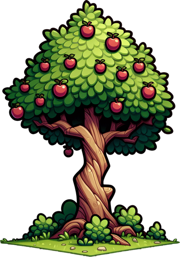 Apple tree with crown extending beyond the frame, tall trunk full height of the frame, cartoon style.
Single Game Texture. In-Game asset. 2d. Blank background. High contrast. No shadows.